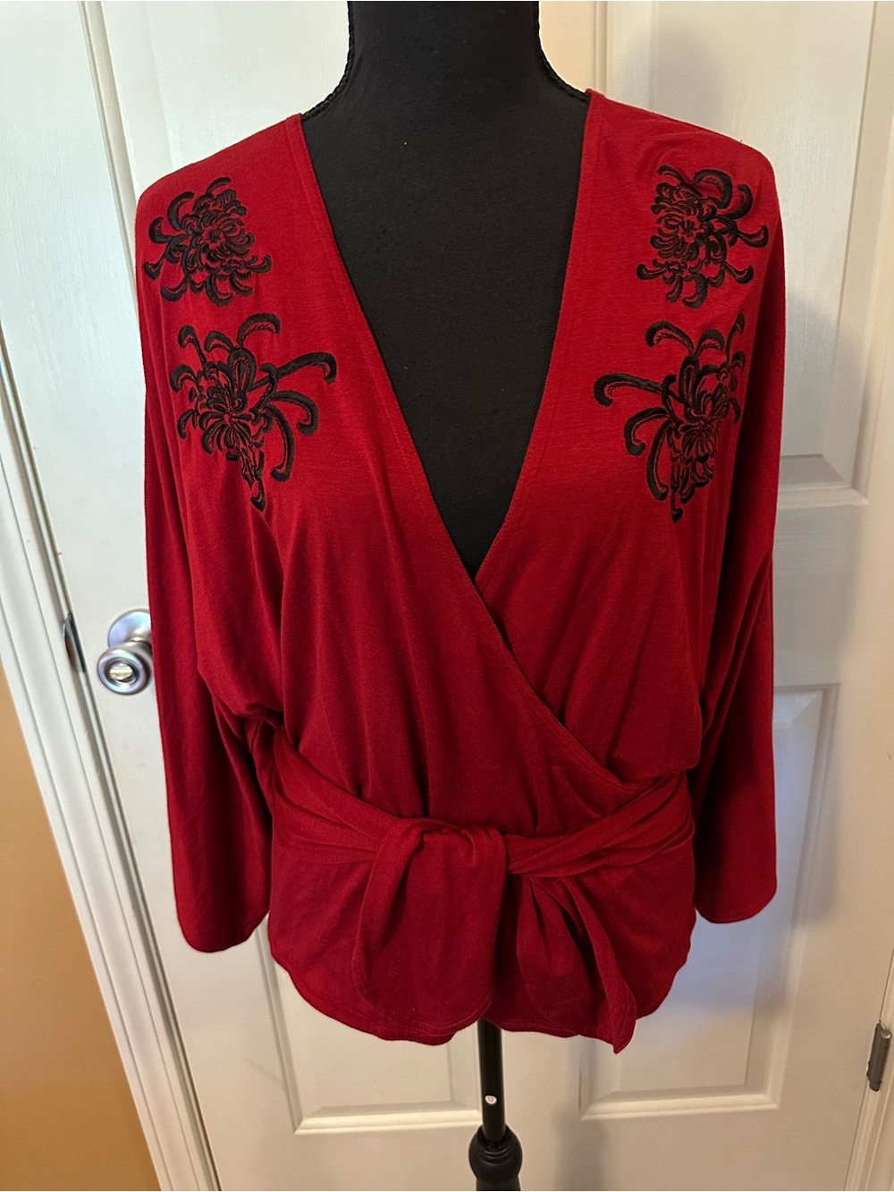Newport News Red Wrap-Front Tunic with Black Embroidered Accents